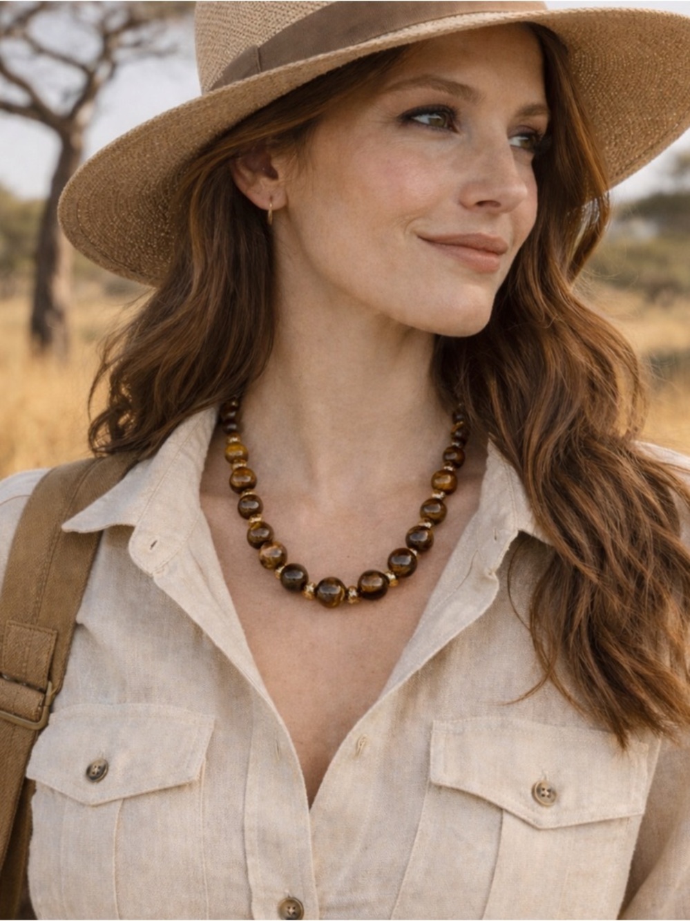Vintage Tigers Eye and Amber Crystal Bead Necklace